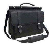 black leather flapover briefcase with buckled straps and shoulder strap