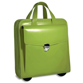 green leather wheeled vertical laptop case