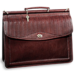 cognac-colored leather single gusset wood dowel flapover briefcase