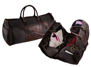 open and closed views of convertible leather duffel bags