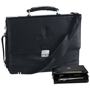 black leather courier briefcase with shoulder strap