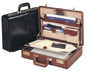open and closed views of black and tan executive leather attache cases