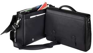 open and closed views of black leather flapover briefcase