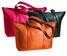 red, tan and black leather tote bags