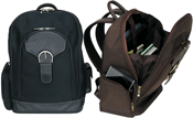 black and brown leather and fabric computer backpacks