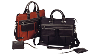 leather and nylon business totes, shown in black and rust
