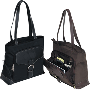 black and brown leather and twill business totes