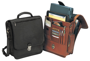 open and closed views of black and tan leather vertical cases