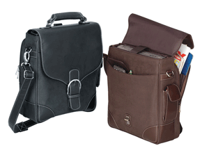 open and closed views of brown and black twill and leather vertical cases
