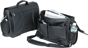 opened and closed views of European-style leather flapover brief bag