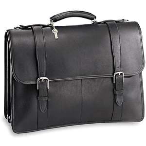 black leather triple-gusset flapover brief back with buckled straps