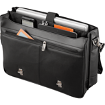inside view of black leather computer messenger bag