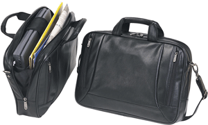 open and closed views of black leather compact computer case