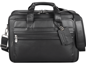 black leather computer attache bag with shoulder strap