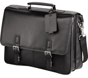 black leather computer messenger bag with buckled straps