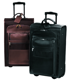 black and brown leather suitcases on wheels