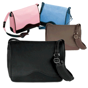 black, brown, pink and blue twill and leather messenger bags